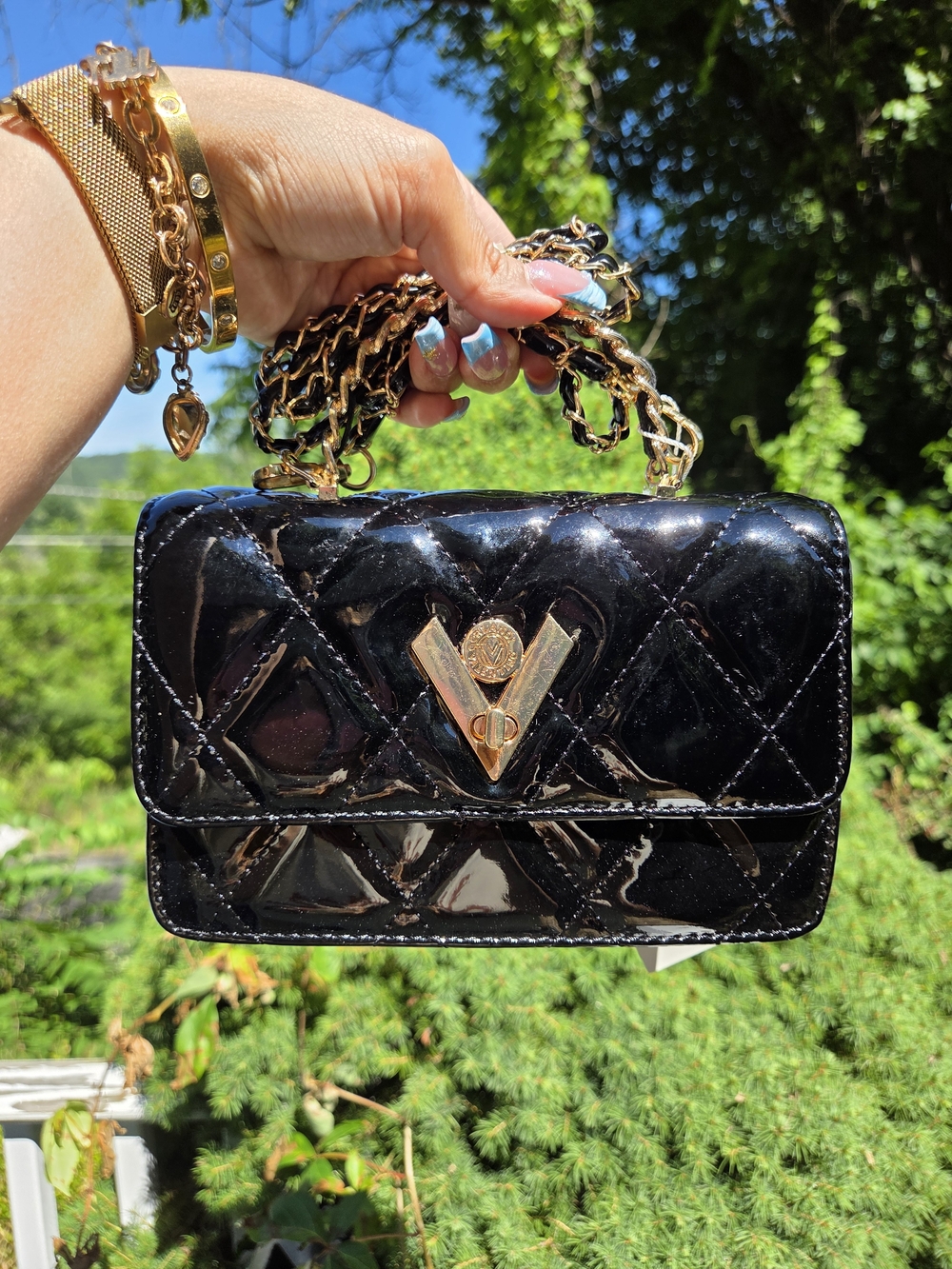 Black Patent Quilted V Lock Shoulder Crossbody Bag